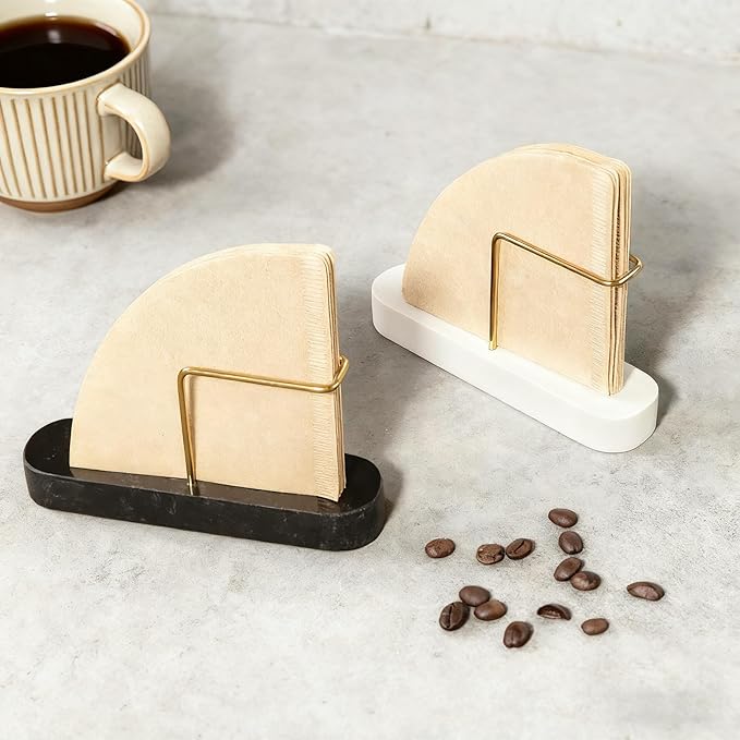 Coffee Filter Holder, Marble & Brass Cone Coffee Filters Holder Organizer Station, Stand Accessories for V60 Filters Size #01, #02 & #04, Thick and Heavy & Anti-slip (White)