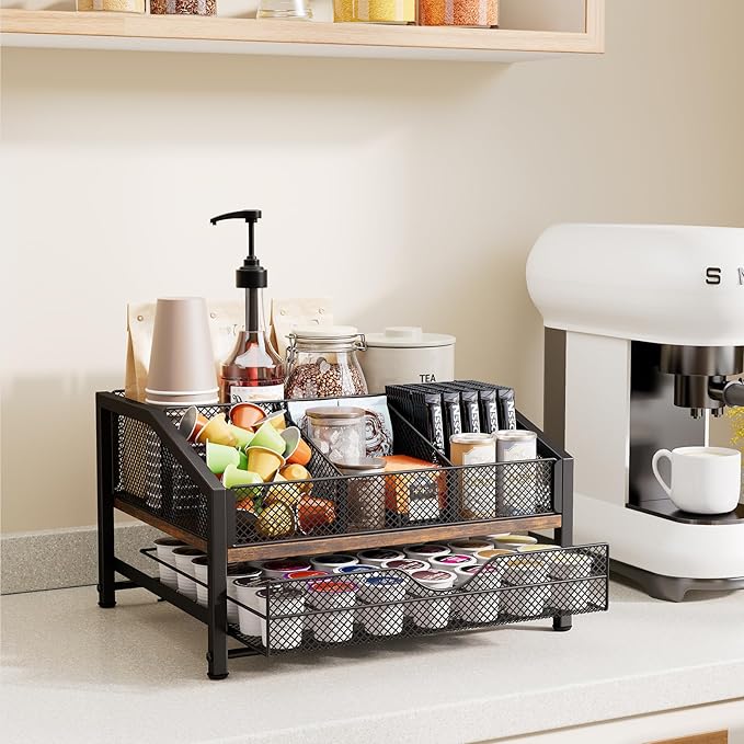 Coffee Bar Organizer - Coffee Station for Countertop, Metal and Wood K Cup holder Storage Basket with Drawer for Syrup, Cups, Stirrer, Condiment, Tea Organizer, Brown