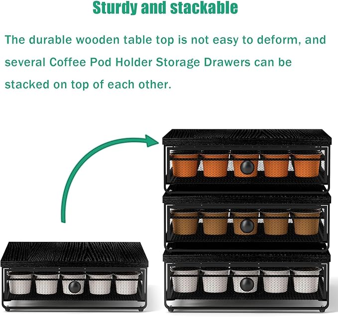 Coffee Pod Holder Counter Coffee Vertuo Capsules Storage Organizer with Sliding Drawer Compatible For 35 K-Cup Pods No Assembly Needed Black
