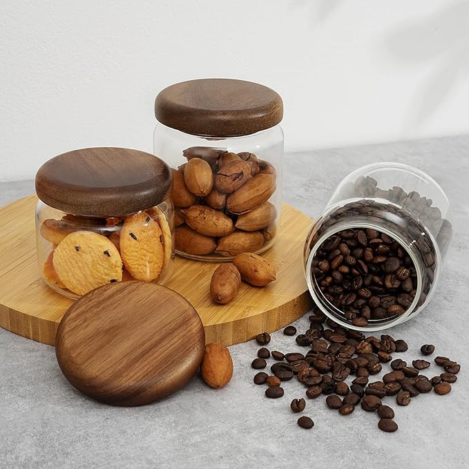 1 PC Small Glass Storage Jars with Airtight Lids, 10 fl oz (300ml) coffee container with Wooden Lid, Glass Pantry Canister for Beans, Rice, Sugar and etc