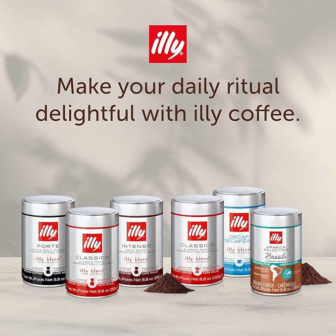 Illy Ground Espresso Coffee, Decaffeinated - Medium Roast - Mild & Balanced - 100% Arabica - Pressurized Packaging Sealed for Freshness - 8.8oz (Pack of 6)