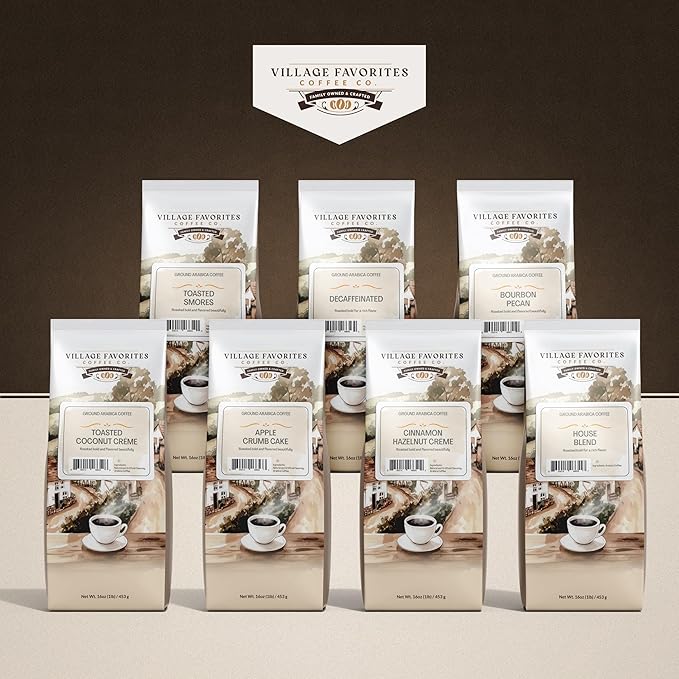 Village Favorites Flavored Coffee – Low Acid, Mold-Free, 100% Arabica, Slow Roasted Medium Roast, Smooth & Stomach Friendly, Ground, 1LB Bag (16oz)- Kosher (16oz, Cinnamon Hazelnut Crème)