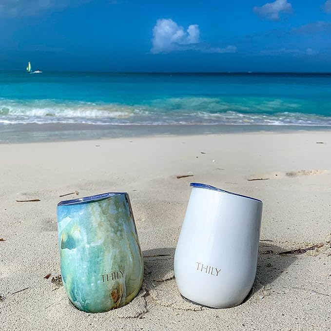 THILY Vacuum Insulated Stemless Wine Tumbler 12 oz Stainless Steel Wine Glass with Lid and Straw, Keep Cold or Hot for Coffee, Cocktails, Christmas Birthday Gift, 2 Pack(White Marble + Opal Marble)