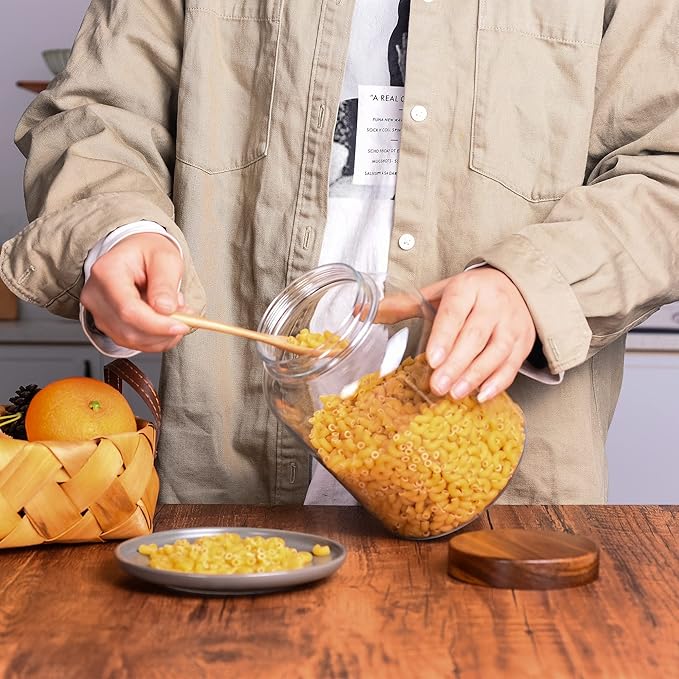 64 Fluid Ounces Unbreakable & Dishwasher Safe Plastic Apothecary Jar with Wooden Airtight Screw Top Lid, 0.5 Gallon Food Storage Canister for Sugar, Coffee, Cookie, Cereal, Flour Containers