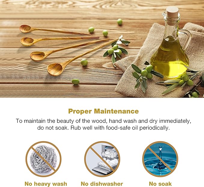 WONDERFUL 100% Natural Olive Wood Long Handle Spoons for Coffee, Tea, Milkshake Kitchen Stirring, Cocktail Stirrer; Mixing Honey Spoon, Chef Tasting Spoons(6 pcs)