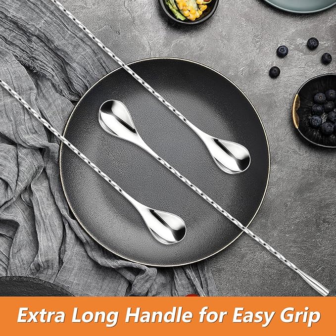 3 PCS Bar Spoon, 12 Inches Cocktail Mixing Spoons, Spiral Pattern Stainless Steel Cocktail Stirrers for Home or Bar Cocktail, Drinks, Coffee, Ice Cream, Sundae (Silver)