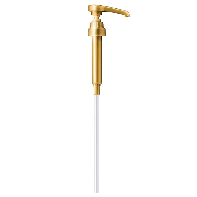 Gold metal lotion or soap pump dispenser with long white plastic tube on white background