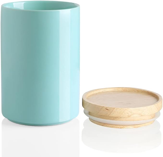 Sweejar Kitchen Canisters Ceramic Food Storage Jar, Stackable Containers with Airtight Seal Wooden Lid for Serving Ground Coffee, Tea, Sugar, Salt and More - 28 Fl Oz (Dark Turquoise)
