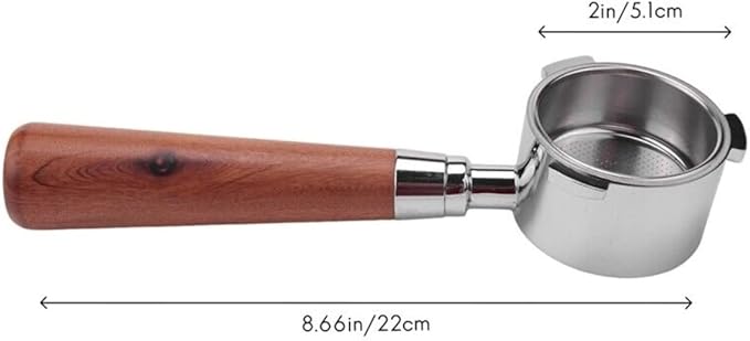 Stainless steel espresso portafilter with 2 inch filter basket and wooden handle measuring 8.66 inches long