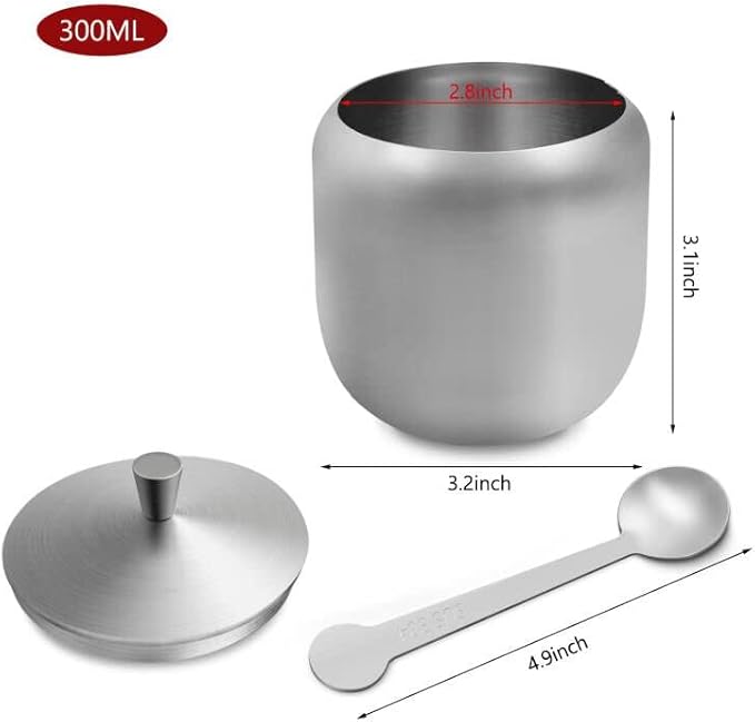 300ml Stainless Steel Sugar Bowl with Lid and Spoon 10 OZ Coffee Seasoning Jar Condiment Pot Spice Container Canister Cruet with Lid and Spoon