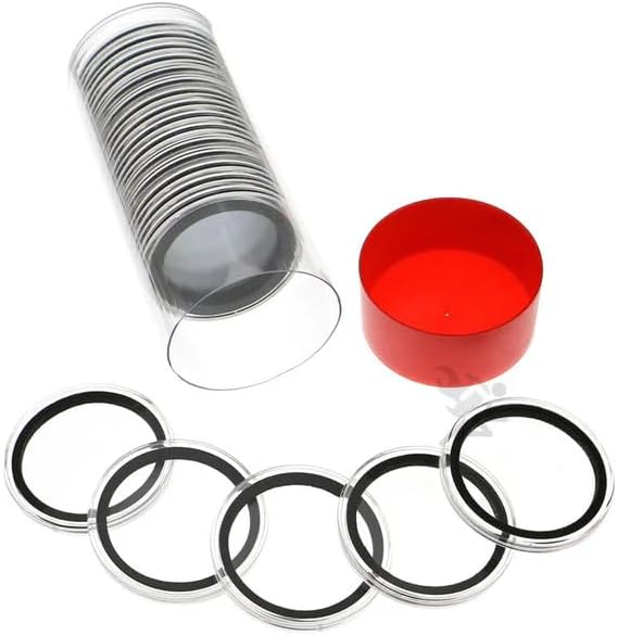 OnFireGuy 20pcs 40mm Black Ring Coin Holders & Capsule Tube with Red Cap Lid for Silver Eagles | Capsules & Storage Tube for 1oz American Silver Eagle, 30 gram Silver Panda, 1oz Silver Kangaroo