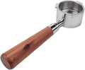 Stainless steel espresso portafilter with polished wooden handle on white background