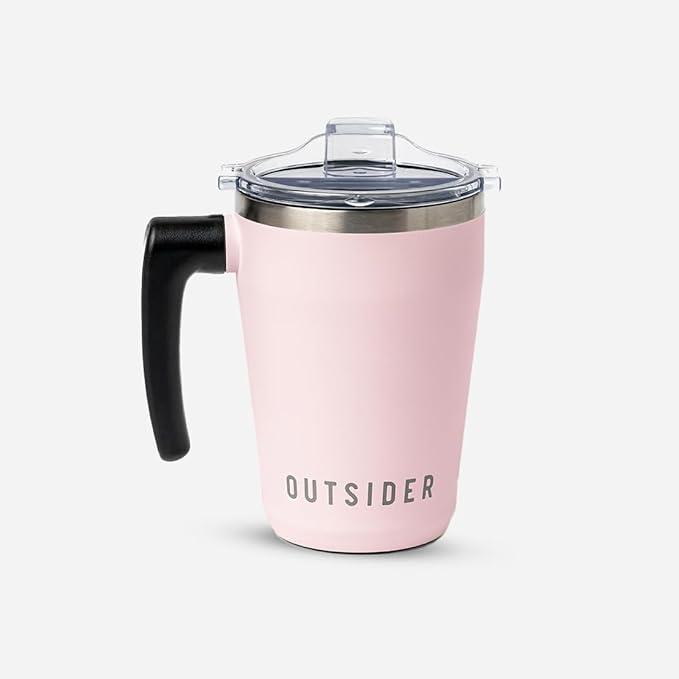 OUTSIDER Stainless Steel Vacuum Insulated Coffee Mug/Cup with Rotating Handle and Spill Proof Lid – Great Travel Tumbler for Outdoor, Home, Office – 17 ounces, Pink