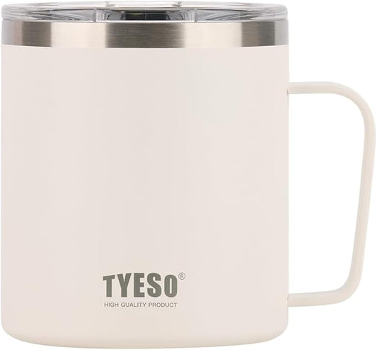 TYESO 14 oz Vacuum Insulated Mug Cup Stainless Steel Mug Coffee Mug with Lid Heat Insulation Cooling Direct Drip (White)