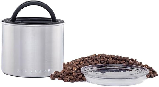 Planetary Design Airscape Stainless Steel Coffee Canister | Food Storage Container | US Patented Airtight Lid | Push Out Excess Air Preserve Food Freshness (Small, Brushed Steel)