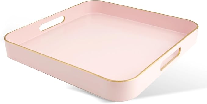 Gifturbo Pink Square Decorative Tray,Serving Tray with Handles with Gold Trimming Plastic Coffee Table Tray for Ottoman, Living Room, Home Decor,Bathroom with Gold Trimming, 13” x 13” x1.57”