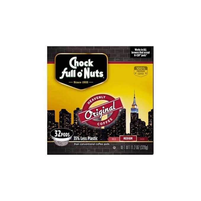 Chock Full o’Nuts Original Roast, Medium Roast K-Cups – Compatible with Keurig Pods K-Cup Brewers (1 Pack of 32 Single-Serve Cups)
