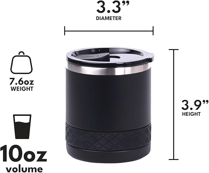 Elemental Recess Lowball Tumbler, 10oz Triple Wall Stainless Steel Cup with Non-Shattered Tritan Lid, Insulated Whiskey Glass, Insulated Coffee Tumbler Mug for Hot & Cold Drinks - Black
