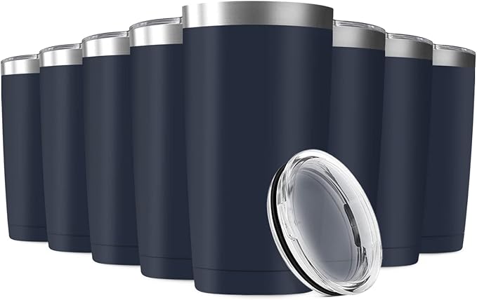 20oz Tumbler Vacuum Insulated Travel Mug with Lids, Stainless Steel Double Wall Bulk Cup Wine Tumblers for Home, Office, Outdoor Suitable for Vehicle Cup Holders(Set of 8, Navy)