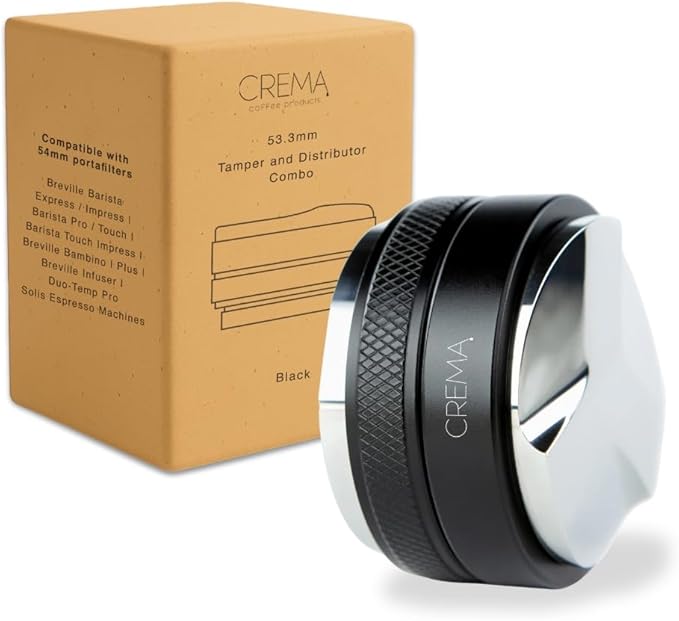 CREMA Coffee Products 54mm Hand Tamper & Coffee Distributor | Compatible with Breville Portafilters| Double-Sided, Adjustable Depth Tool | Made with Durable 304 Stainless Steel | Black