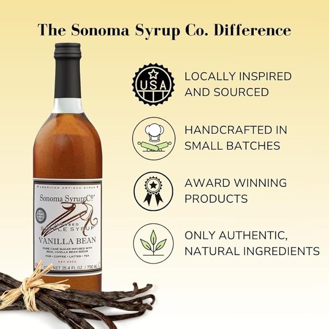 Sonoma Syrup Co. Vanilla Bean Infused Simple Syrup 25.4 fl oz | for Coffee, Tea, and Baking | Hand Crafted in the USA
