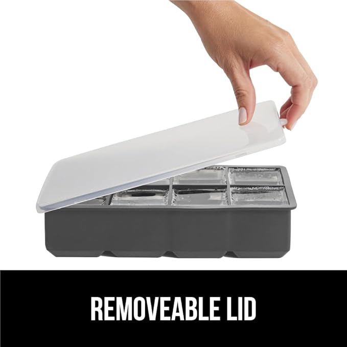 GORILLA GRIP Slow Melting Large Silicone Ice Cube Tray for Freezer, Easy to Push 8 Giant Square Cubes, Use for Cocktails, Iced Coffee, Water Bottle, Frozen Puree, Kitchen Bar Essentials, 1 Pack, Gray