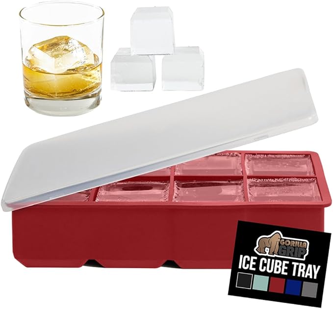 GORILLA GRIP Slow Melting Large Silicone Ice Cube Tray for Freezer, Easy to Push 8 Giant Square Cubes, Use for Cocktails, Iced Coffee, Water Bottle, Frozen Puree, Kitchen Bar Essentials, 1 Pack, Red