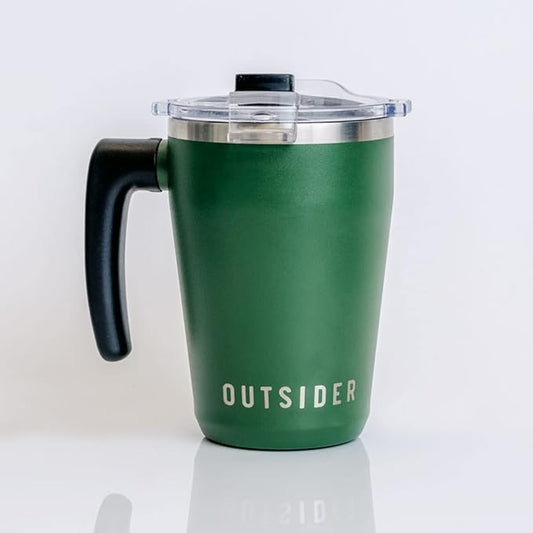 OUTSIDER Stainless Steel Vacuum Insulated Coffee Mug/Cup with Rotating Handle and Spill Proof Lid – Great Travel Tumbler for Outdoor, Home, Office – 17 ounces, Green