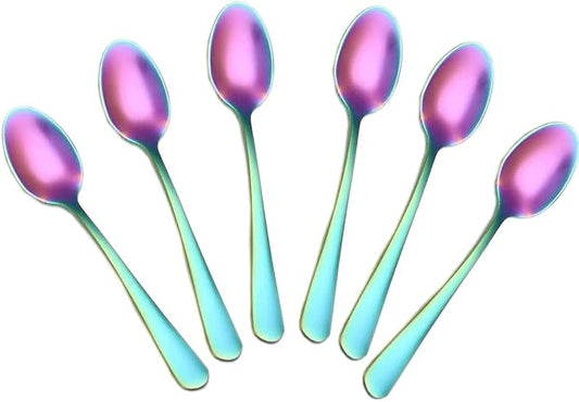 Demitasse Espresso Spoons, Mini Coffee Spoon, 4 Inches Stainless Steel Small Spoons for Dessert, Set of 6（Rainbow)