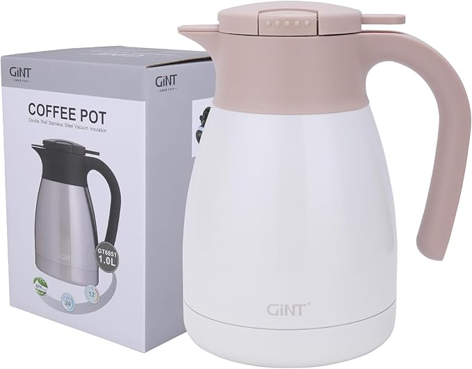 GiNT 1L / 34Oz Thermal Coffee Carafe, Insulated Stainless Steel Coffee Carafes for Keeping Hot/Double Walled Vacuum Thermal Carafe (White)