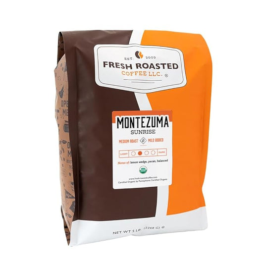 Fresh Roasted Coffee, Organic Montezuma Sunrise| USDA Organic, Kosher | Medium Roast 5 lb (80 oz) Ground
