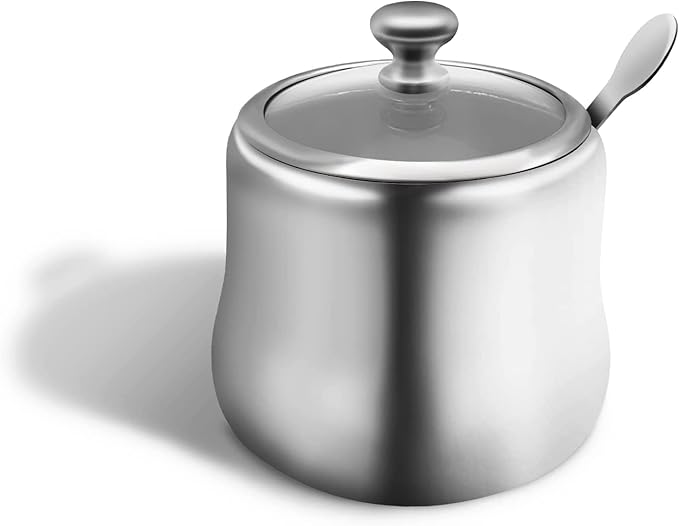 300ml Stainless Steel Sugar Bowl with Lid and Spoon 10 OZ Coffee Seasoning Jar Condiment Pot Spice Container Canister Cruet with Lid and Spoon (Style B)