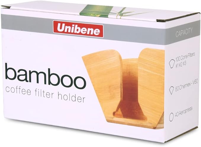 Unibene Bamboo Coffee Filter Holder, Coffee Paper Storage Container Dispenser Rack Shelf for Aeropress, Chemex, Hario V60 and Melitta Cone Filters