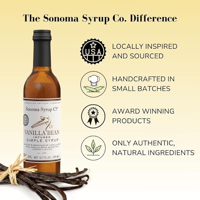Sonoma Syrup Co. Vanilla Bean Infused Simple Syrup 12.7 fl oz | for Coffee, Tea, and Baking | Hand Crafted in the USA