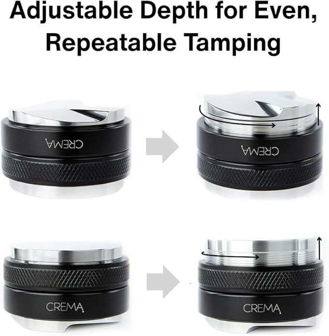 CREMA Coffee Products 54mm Hand Tamper & Coffee Distributor | Compatible with Breville Portafilters | Double-Sided, Adjustable Depth Tool | Made with Durable 304 Stainless Steel | White