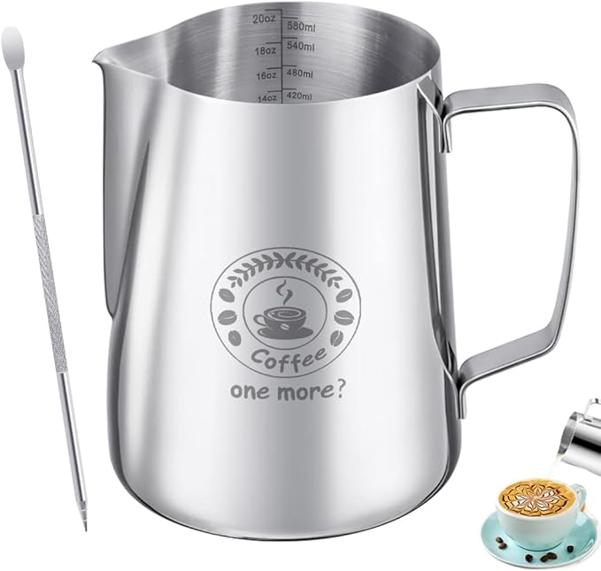 Milk Frothing Pitcher 20oz, Stainless Steel Espresso Steaming Jug with Latte Art Pen, Professional Coffee Milk Frother for Latte, Cappuccino, Macchiato & Hot Chocolate