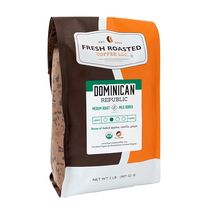 Fresh Roasted Coffee, Organic Dominican Republic | USDA Organic, Direct Trade, Kosher | Medium Roast 2 lb (32 oz) Ground