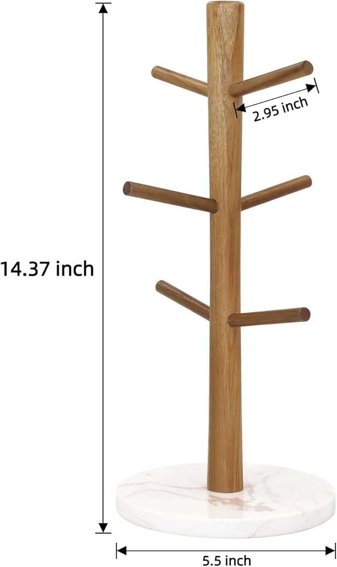 Buruis Wood Mug Holder, Marble Base Cup Rack Tree, Mug Stand Hanger, Kitchen Coffee Tree Countertop Tea Holder Stand, Coffee Cup Dryer with 6 Hooks (Round Base White)