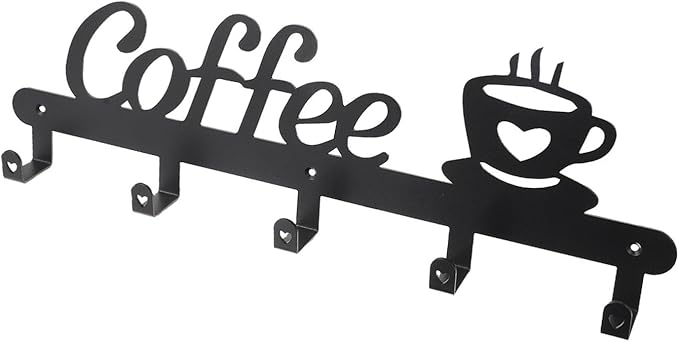 Metal Coffee Cup Hook Rack Decorative Mug Hanging Holder with Coffee Shape Design Easy Install Stable Storage for Kitchen Display and Organization