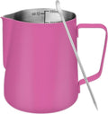 Milk Frothing Pitcher, 12 oz Milk Frother Cup with Clear Scale, 304 Stainless Steel Cappuccino Espresso Machine Accessories for Barista Coffee Bar with Latte Art Pen, Rose Red