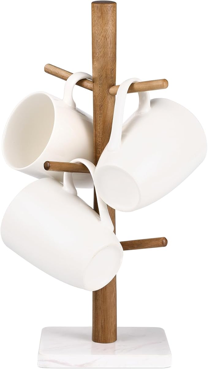 Buruis Wood Mug Holder, Marble Base Cup Rack Tree, Cup Stand Hanger, Kitchen Coffee Mug Tree Countertop Tea Cups Holder Stand, Coffee Mugs Dryer with 6 Hooks, White