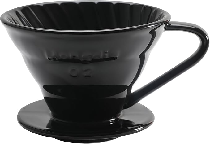 Mongdio V60 Ceramic Pour Over Coffee Dripper, Reusable Porcelain Portable Pour Over Coffee Maker, Slow Brewing Accessories with 1 Holes for Home - Size 02 Black