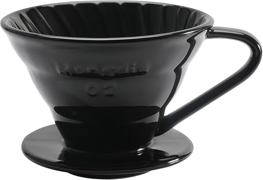 Mongdio V60 Ceramic Pour Over Coffee Dripper, Reusable Porcelain Portable Pour Over Coffee Maker, Slow Brewing Accessories with 1 Holes for Home - Size 02 Black