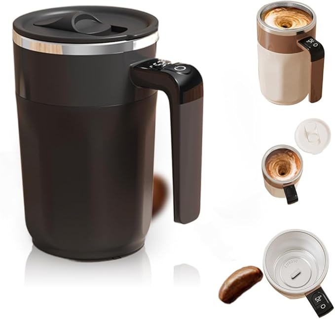 HISKI Automatic Stirring Coffee Cup with Temperature Display, Rechargeable Coffee Mug, Self-Stirring Mug with Lid Rechargeable Automatic Self Stirring Mugs with Magnetic Stirrer and Lid (Black)