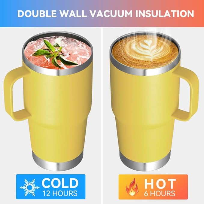 VEGOND 20 oz Tumbler Bulk with Handle Lid and Straw, Stainless Steel Insulated Travel Coffee Mug Set, Spill Proof Double Wall Metal Tumblers Cups, Powder Yellow 12 Pack