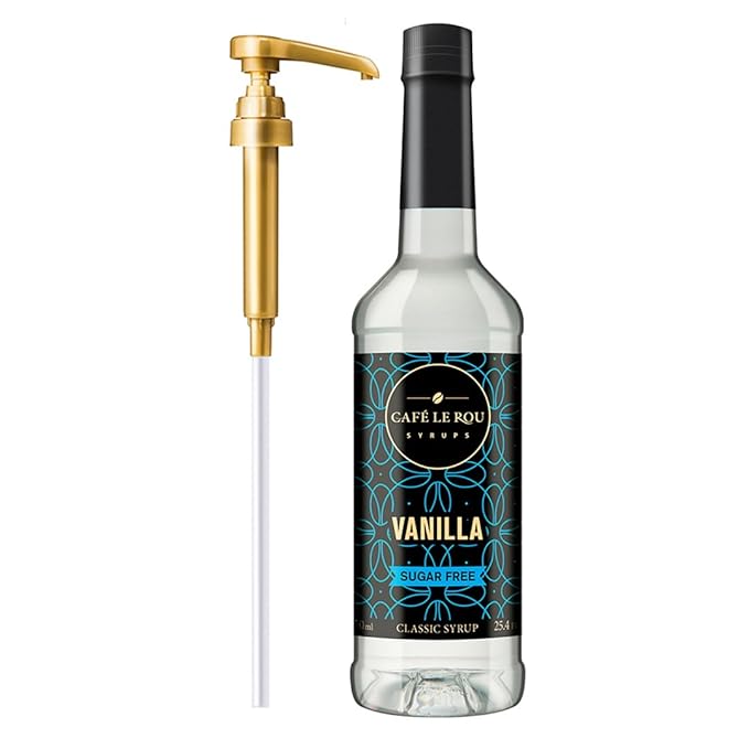 Cafe Le Rou sugar-free vanilla syrup bottle with gold pump dispenser for coffee and drinks
