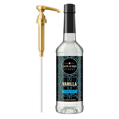 Cafe Le Rou sugar-free vanilla syrup bottle with gold pump dispenser for coffee and drinks