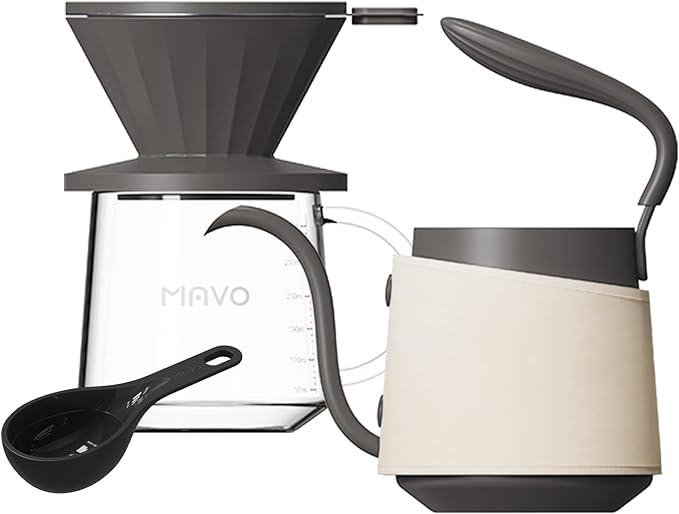 Pour Over Coffee Maker Set, Pour Over Kettle, Coffee Dripper, Glass Coffee Server with Scale, Stainless Steel Filter (Grey)
