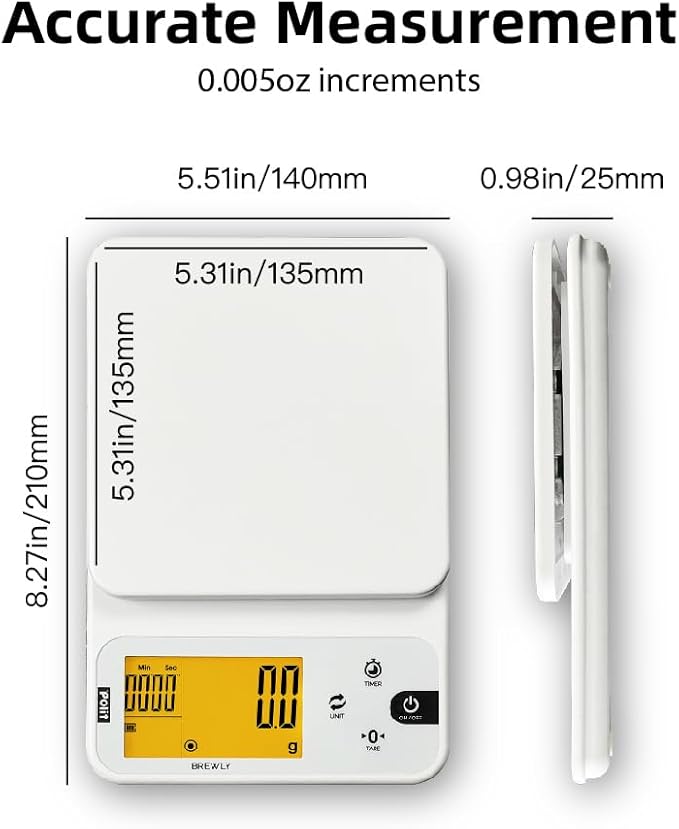 Polit Brewly Digital Coffee Scale with Timer｜6.6lb/3000g Espresso Scale 0.1g/0.005oz Triple-Range Precision｜USB-C or Battery｜Dual Timer Modes｜Small Travel Kitchen Scale for Pour-Over, Brewing & Baking