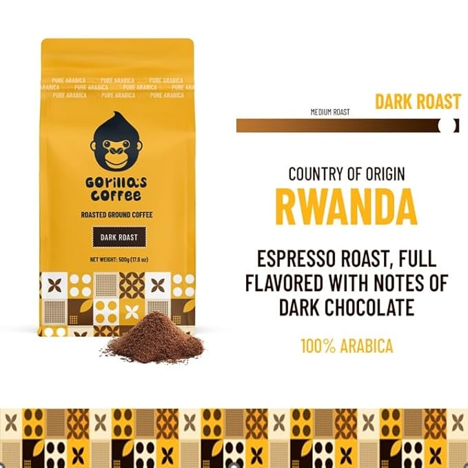 Gorilla's Coffee 100% Arabica - Dark Roast Ground Coffee, Fair Trade, Full Bodied, with Bold with a Touch of Smokiness | Premium Rwandan Coffee | Rich, Flavorful, and Aromatic (500g/17.6 oz)